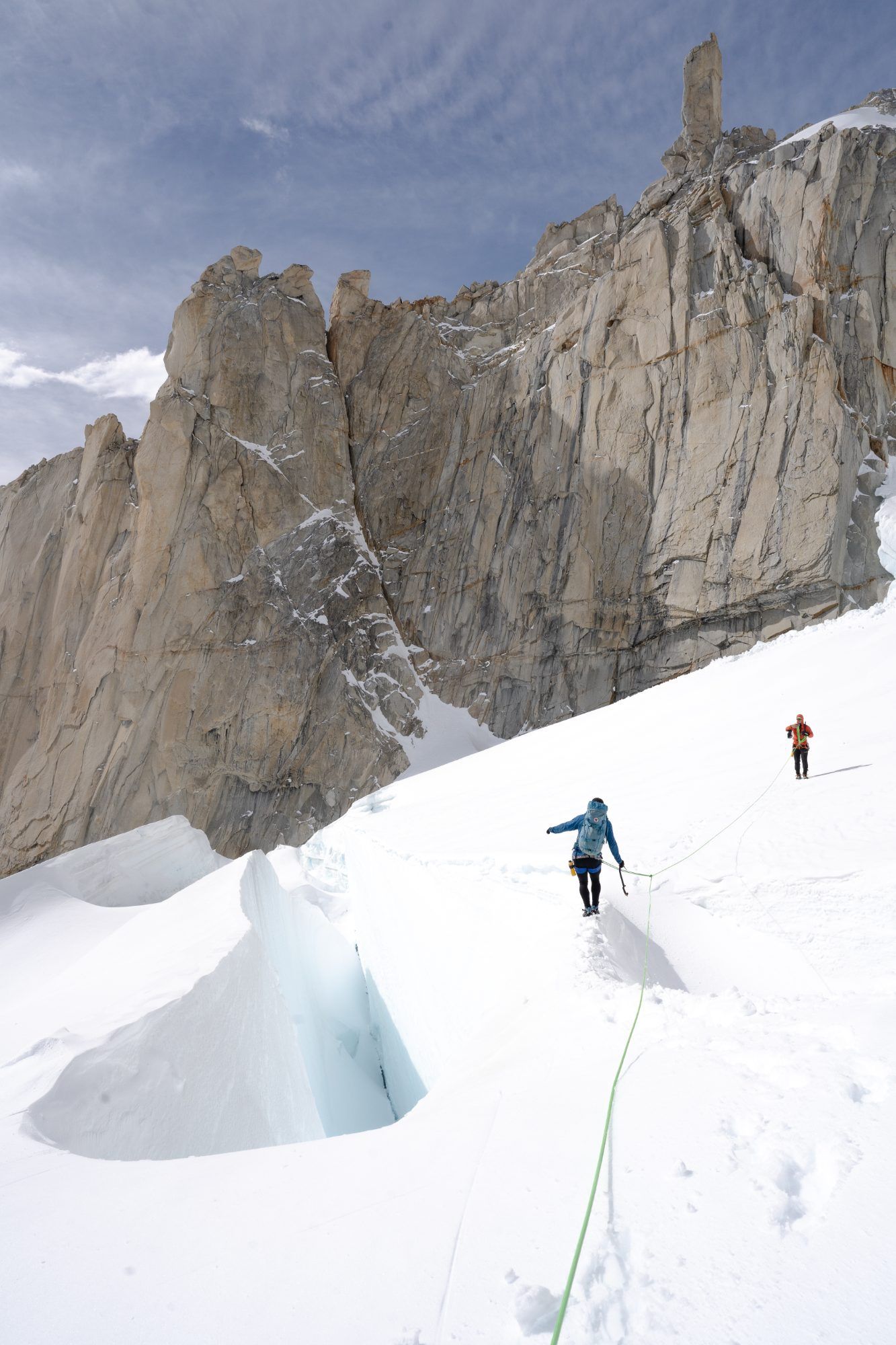Roped up on the glacier below the walls on the way to the Torrisimo