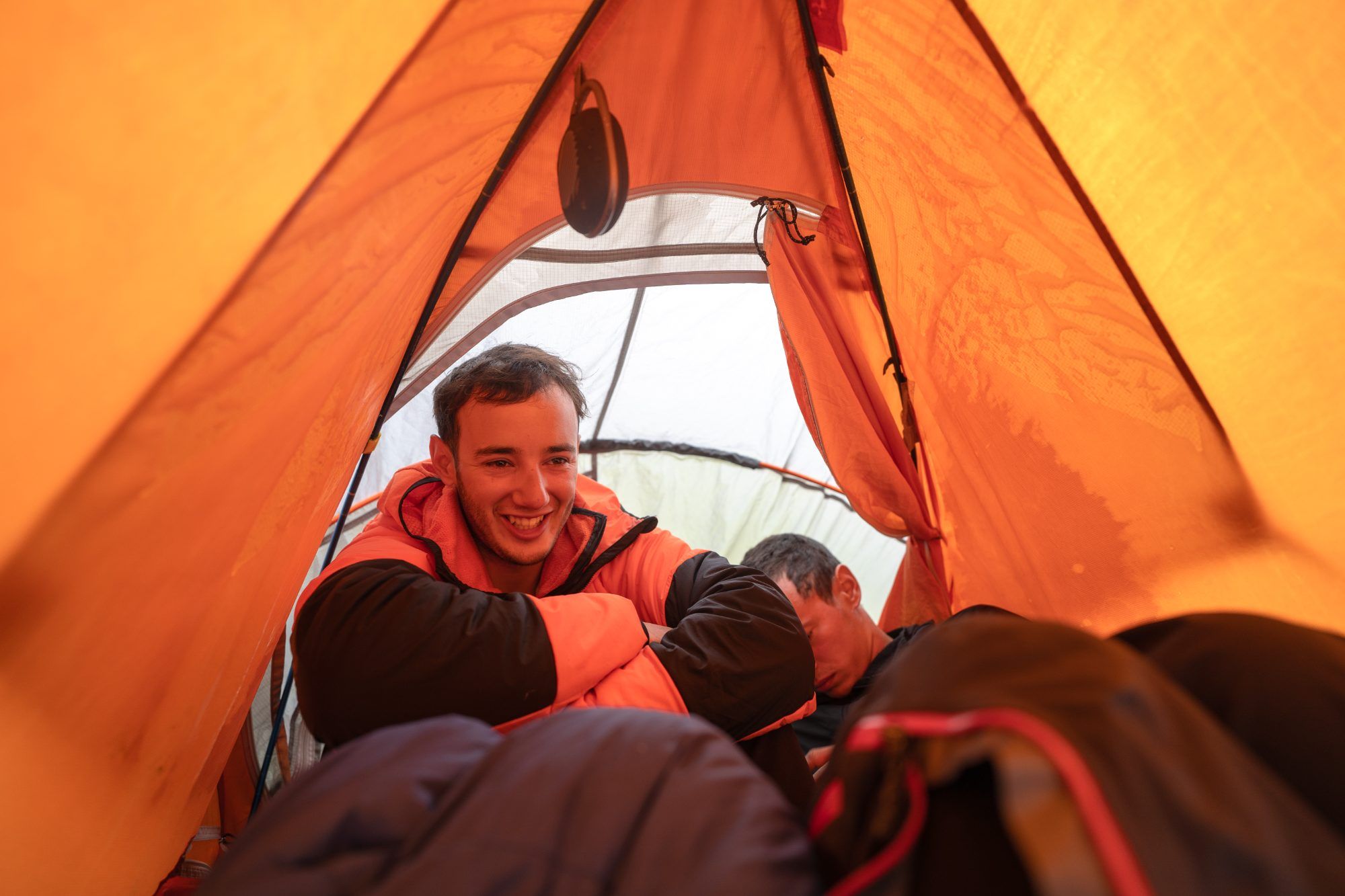 Inside the tent at the Noruegos camp during the storm