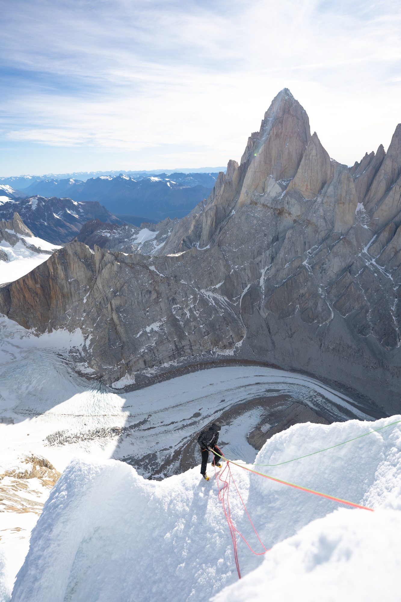 Rappelling from the summit mushroom facing Fitz Roy