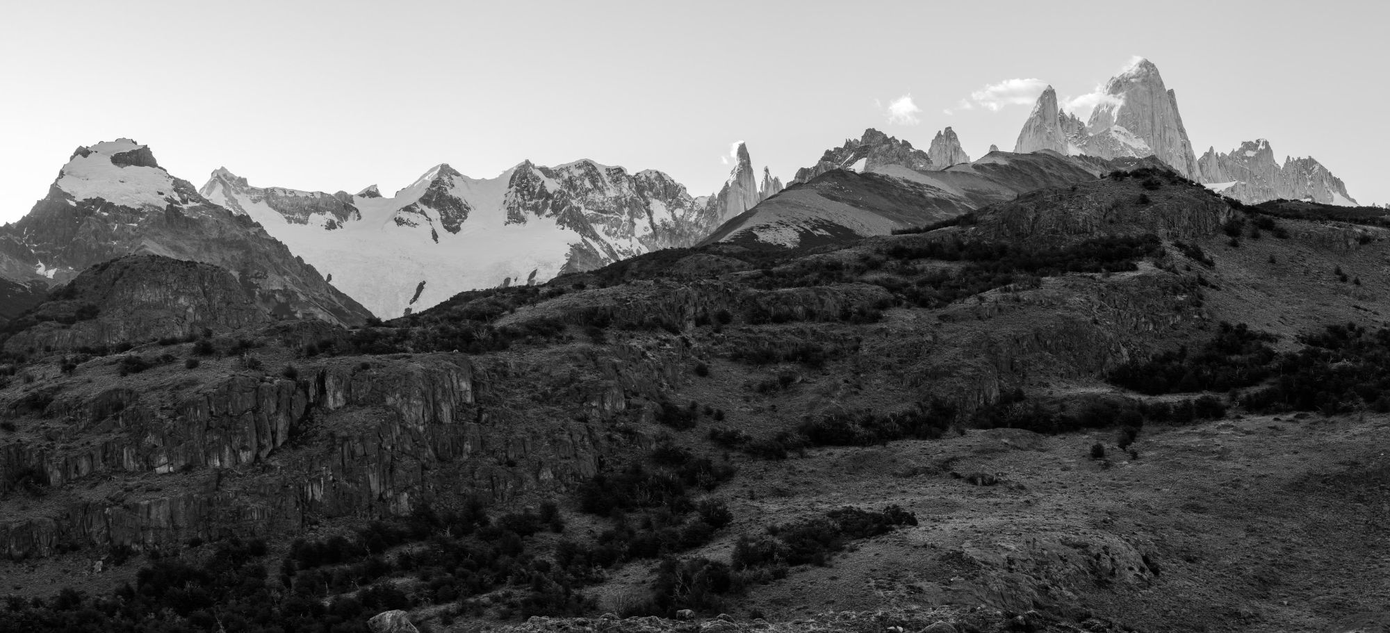 The Fitz Roy massif at sunrise seen from the steppe